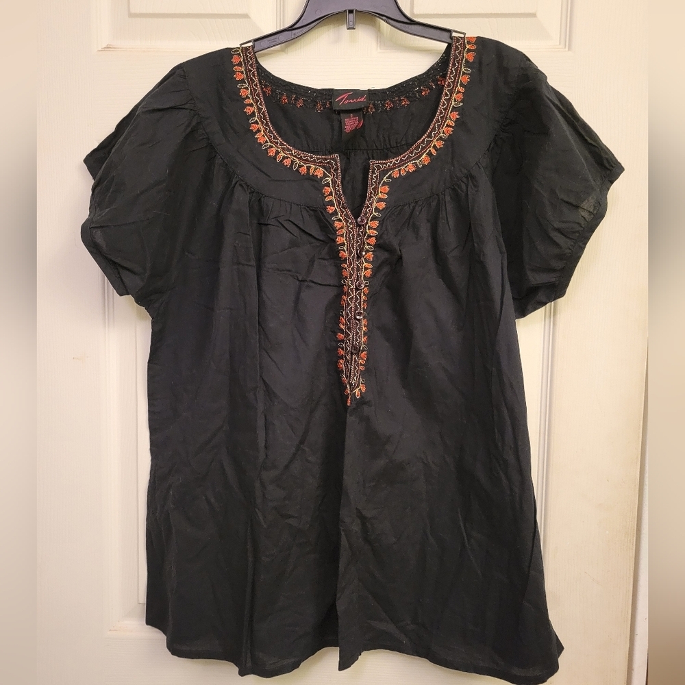 Black Embroidered Split-Neck Women’s Top